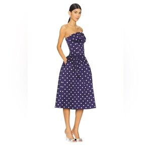 Self Portrait- Strapless Navy Polka Dot Midi Dress